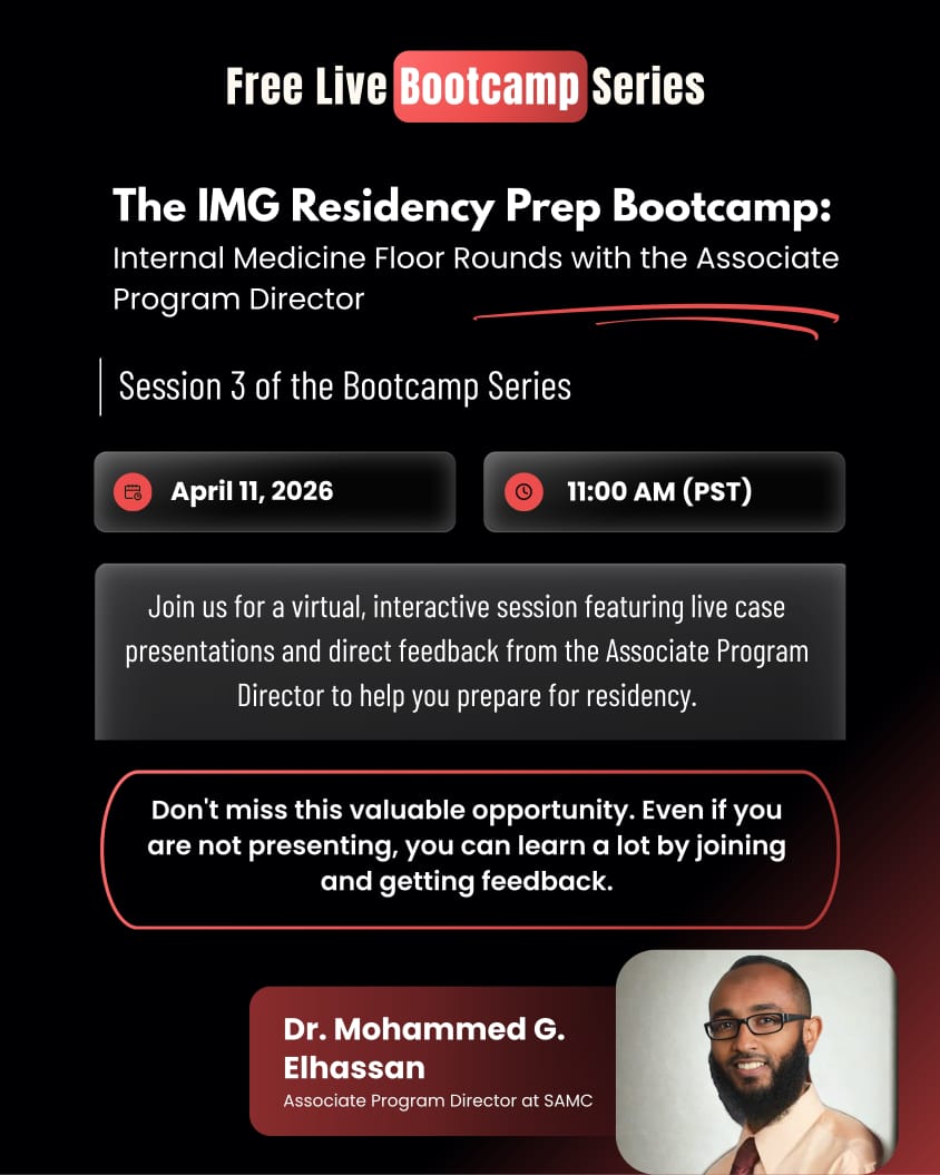 imghelpinghand's tweet image. 🚨 Starting In An Hour!

The IMG Residency Prep Bootcamp: Internal Medicine Floor Rounds with Associate Program Director

 Session 3 of the bootcamp series

Date: Saturday, April 11th, 2026 
Time: 11:00 AM (PST)

Join us for a virtual interactive session featuring live case