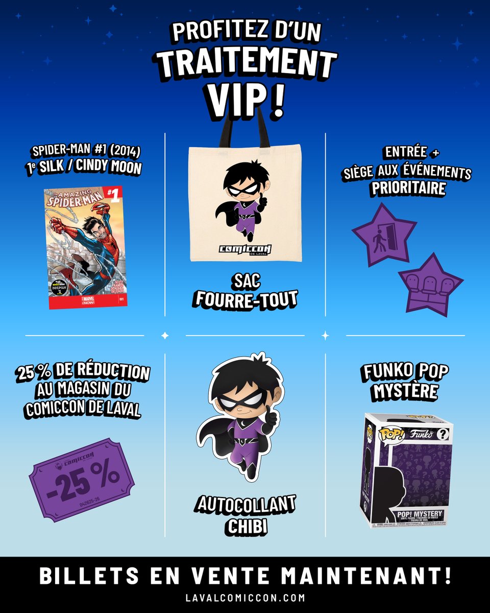 comicconlaval's tweet photo. 😻Faites vous plaisir avec un traitement VIP au Comiccon de Laval ➡ Accès avant tout le monde à la salle, siège prioritaire lors des événements sur scène + sac fourre-tout, badge, funko pop mystère, comic book, autocollant exclusif et réduction de 25 % au magasin du Comiccon! https://t.co/BLMwdfSQFZ