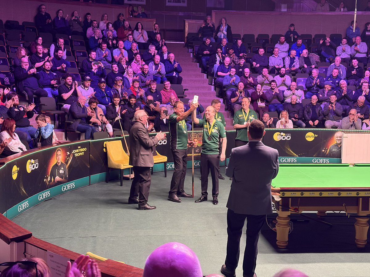 Dennis Taylor presents the Irish Legends trophy to Fergal O’Brien and Joe Swail after their 2-1 victory against Joe Delaney and Michael Judge at the John Virgo trophy in Goffs #snookerlegends #snooker900
