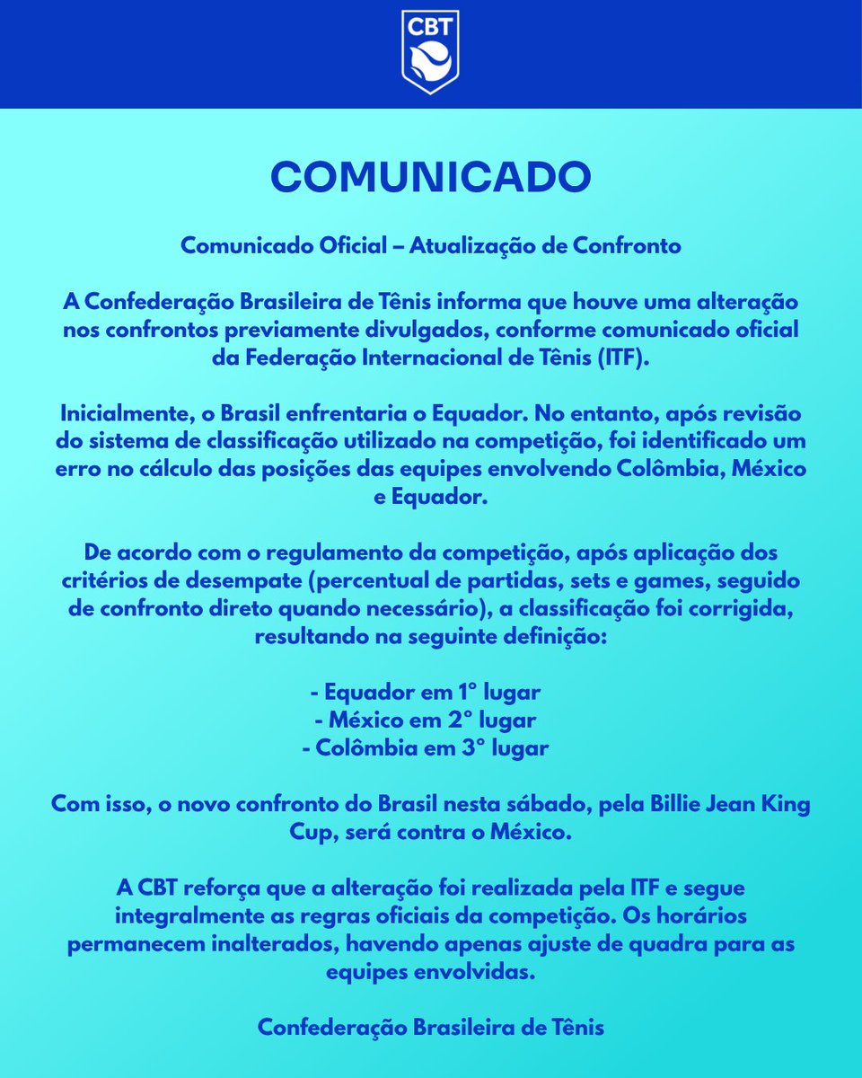 cbtenis's tweet photo. COMUNICADO OFICIAL. 

Alteração no confronto da Billie Jean King Cup neste sábado (11). https://t.co/wJvhWZKRiB