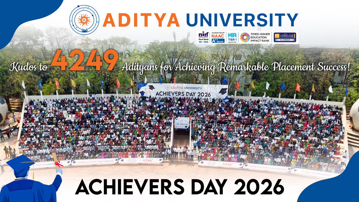 adityauniv's tweet image. Achievers Day 2026 – A Moment to Remember 🎓✨

One frame, countless achievements — celebrating 4249+ placements for 2025–26 (and counting). 🚀

Together, we celebrate success. 🌟

#AdityaUniversity #AchieversDay2026 #4249
#ProudAdityans #TogetherWeAchieve