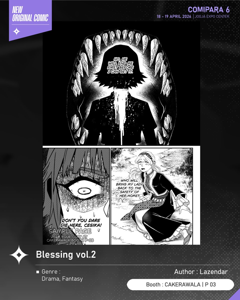 comipara_id's tweet image. [COMIC RAID]
Author: Lazendar
Booth: P 03  -  CAKERAWALA

Ada lagi niih komik baru karya Kak Lazendar, berjudul "Blessing vol.2" yang akan dijual di Comipara 6 besok lho!

Sampai ketemu di venue! ✨

Comipara 6
18-19 April 2026
Jogja Expo Center

#comicraid6