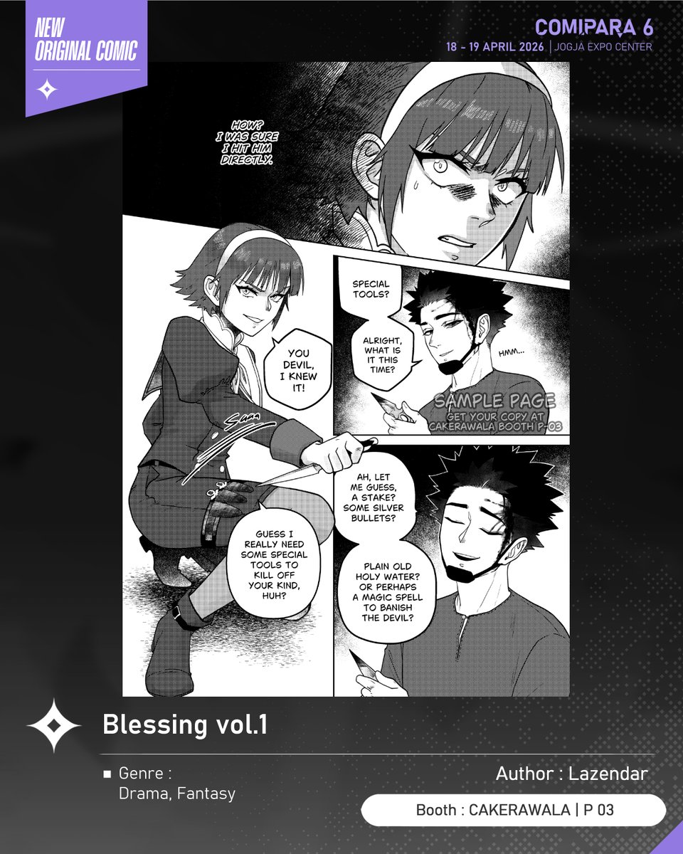 comipara_id's tweet image. [COMIC RAID]
Author: Lazendar
Booth: P 03  -  CAKERAWALA

Kali ini ada komik baru karya Kak Lazendar, berjudul "Blessing vol.1" yang akan dijual di Comipara 6 besok lho!

Sampai ketemu di venue! ✨

Comipara 6
18-19 April 2026
Jogja Expo Center

#comicraid6