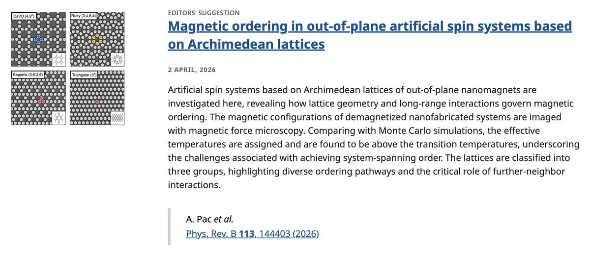 PhysRevB's tweet image. PRB Editors' Suggestion: #MagneticOrdering in out-of-plane artificial #spin systems based on #ArchimedeanLattices

A. Pac, G. M. Macauley, J. R. Massey, A. Kurenkov et al.,
Phys. Rev. B 113, 144403

➡️ go.aps.org/48tMMob
#OpenAccess #EdSugg @APSPhysics #condmat #physics