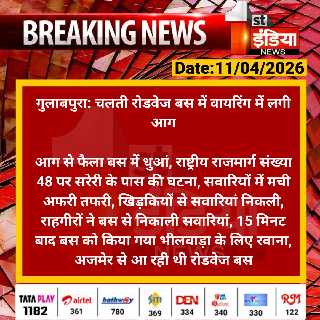 1stIndiaNews's tweet photo. #Bhilwara #गुलाबपुरा: चलती रोडवेज बस में वायरिंग में लगी आग

आग से फैला बस में धुआं, राष्ट्रीय राजमार्ग संख्या 48 पर सरेरी के पास की घटना, सवारियों में मची अफरी तफरी...

#RajasthanWithFirstIndia @Bhilwara_Police https://t.co/sugaqnKpjW
