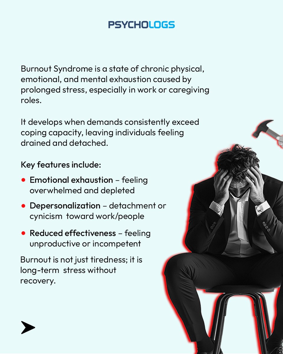 PsychologsIndia's tweet photo. Burnout doesn’t happen overnight; it builds quietly, when stress becomes constant, and recovery never comes. What starts as fatigue can slowly turn into emotional exhaustion, detachment, and a sense of losing yourself in the process.

#BurnoutSyndrome #MentalHealthAwareness https://t.co/RiYtFIG3IG