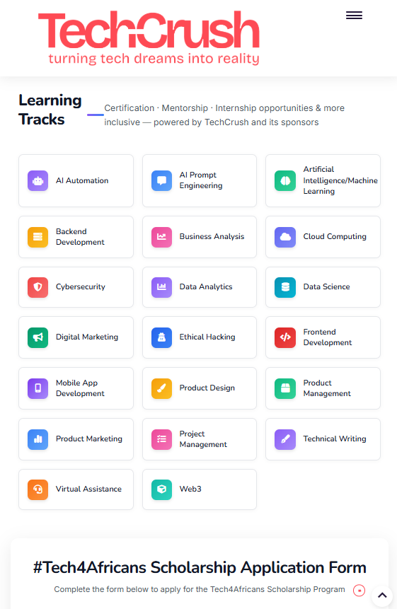 JobBusStop's tweet image. Scholarship Opportunities to  kickstart your desired Tech Skills.

This is courtesy of our sponsors, tutors and dedicated team at @TechCrushHQ, all who are interested in seeing you thrive in the world of Tech!

Start Here: techcrush.pro/scholarship/ap…