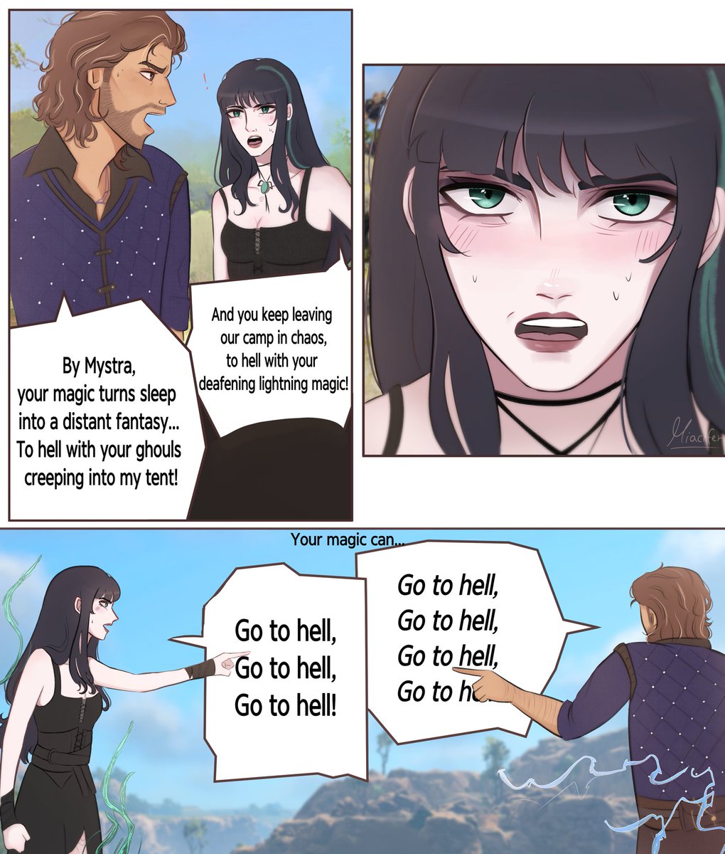 Miacifer's tweet photo. Wizard Rivalry 🔮⚡️ (Chainsaw Man manga panel redraw)
Ravena did NOT approve of Gale's wizardsplaining in the beginning haha
#bg3 #galedekarios #baldursgate3 https://t.co/h235eZTvCC