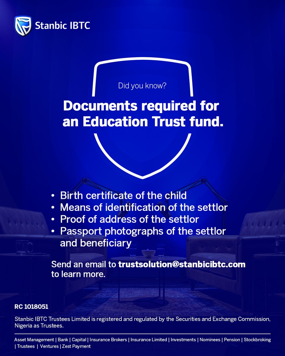 StanbicIBTC's tweet photo. Opening a Stanbic IBTC Education Trust fund starts with having the right documents in place. ​
Did you miss the fireside chat? ​Visit https://t.co/V3J0T5G6UQ to watch the replay.​

Please email trustsolution@stanbicibtc.com for more information.​

#EducationTrustFund​
#StanbicIBTC💙