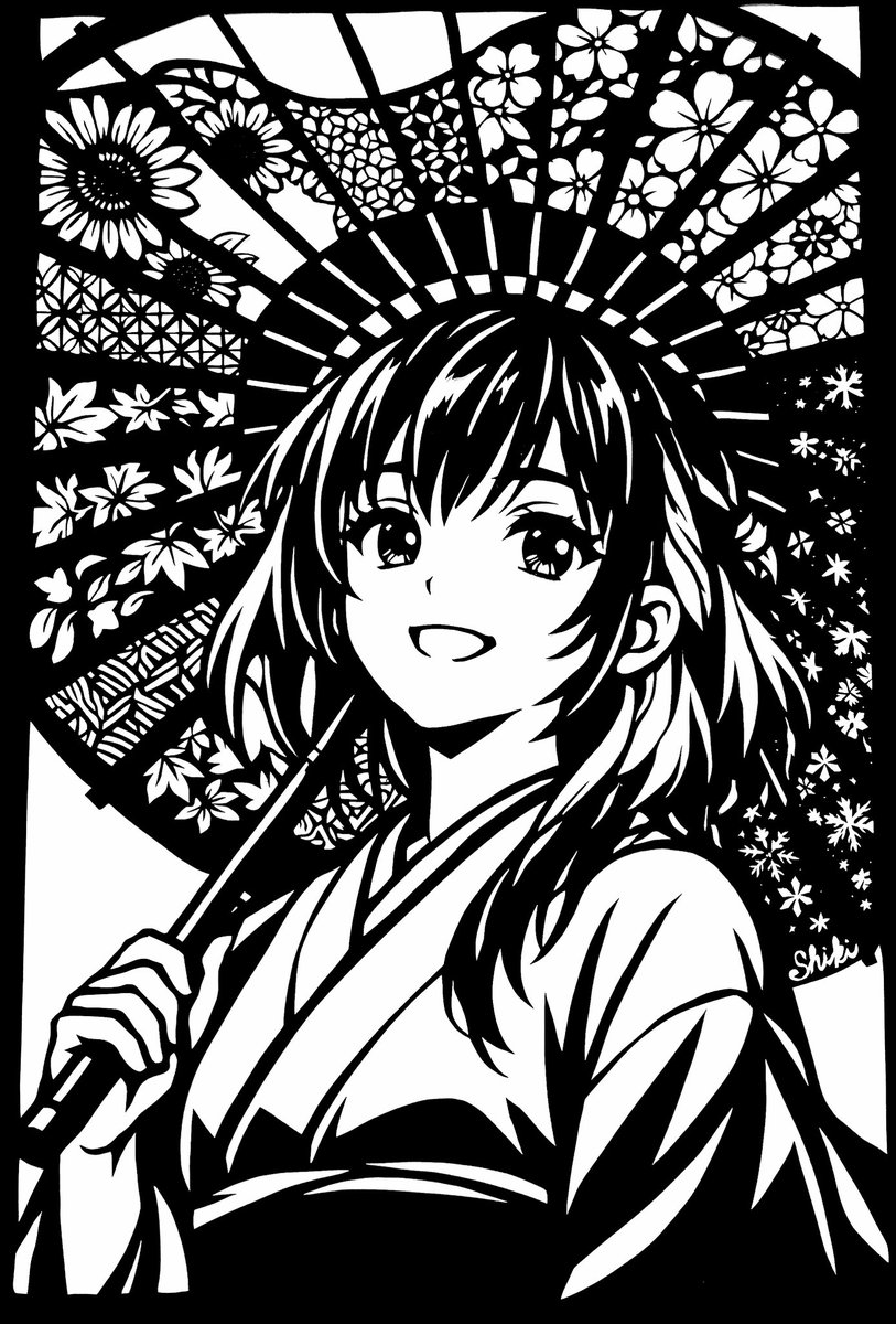 shikitsuzuri's tweet image. 【NEW四季ちゃんをどうぞよろしく🌸】
新アイコン完成です〜✂️
切り絵らしく白黒で仕上げました♪
これからもよろしくお願いします！

#切り絵 #四季ちゃん #paperart