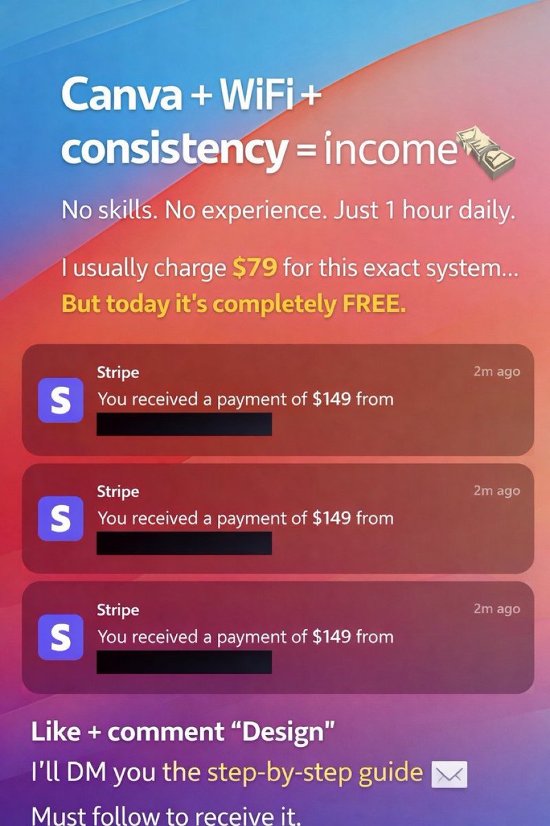 jahidullm04's tweet photo. Canva + WiFi + consistency = income 💸

No skills. No experience. Just 1 hour daily.

I usually charge $79 for this exact system…
But today it’s completely FREE.

Like + comment “Design”
I’ll DM you the step-by-step guide 📩

Must follow to receive it. https://t.co/vBqLC9DKDS