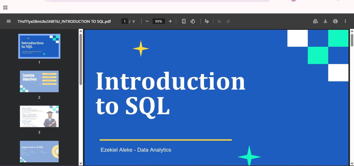 dicta_andy's tweet image. Slides are up! SQL class begins today. I hope God helps me understand it cause… Omo! Fingers crossed sha🤞🏾. Countdown to 18:00pm 💕
@ezekiel_aleke @TechSphereAcad 

#day55 #60DaysOfTech #SQL #dataanalystinthemaking #LearningWithTS #justagirlwholikesdata💕