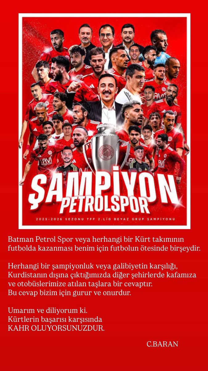 CumaBARAN's tweet photo. Batman Petrol Spor veya herhangi bir Kürt takımının futbolda kazanması benim için futbolun ötesinde birşeydir.

Herhangi bir şampiyonluk veya galibiyetin karşılığı, 
Kurdistanın dışına çıktığımızda diğer şehirlerde kafamıza 
ve otobüslerimize atılan taşlara bir cevaptır. 
+ https://t.co/aDarRYMTu8