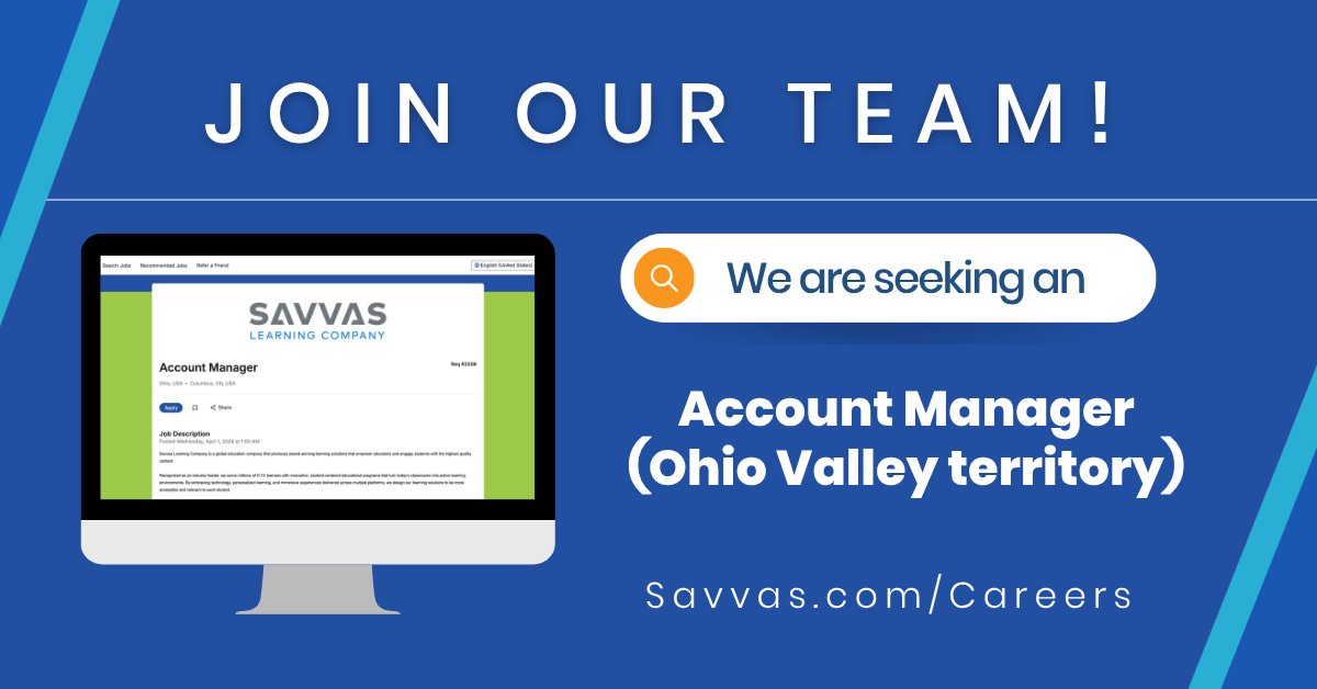 SavvasLearning's tweet image. 🏫 We're seeking a talented Account Manager to partner with school districts across the Ohio Valley to support K–12 teaching and learning. 👉 Help shape the future of learning! 👉 Apply today: ow.ly/1ni850YHiOh 

#EdTechJobs #K12 #SalesCareers
