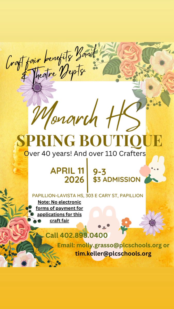Rainy day? Come shop the spring craft fair at Monarch HS! Support band/theatre/post prom and small business! <a href="/PLPulse/">Papillion La Vista High School</a> <a href="/PLCSchools/">Papillion La Vista Community Schools</a>