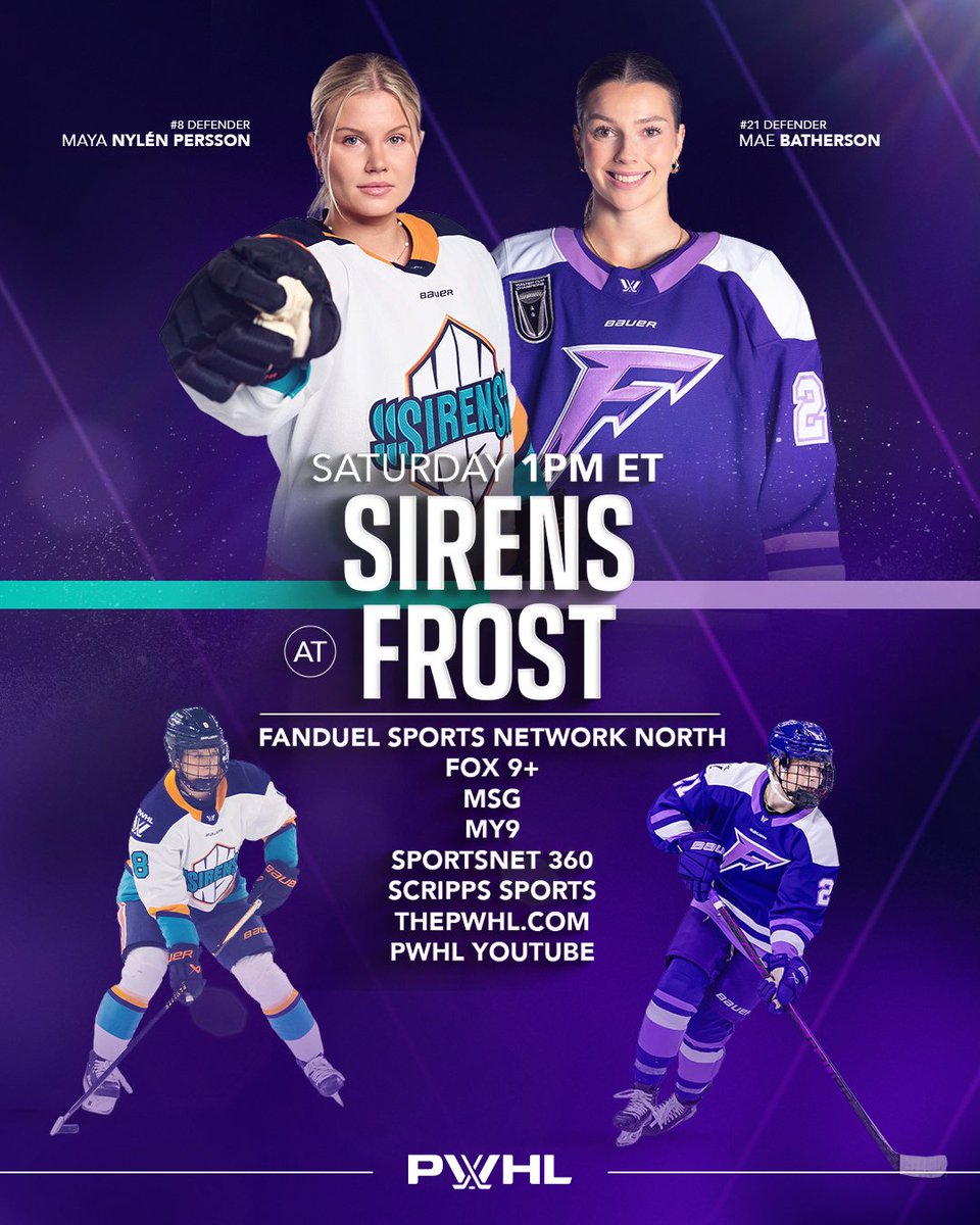 thepwhlofficial's tweet image. Start your weekend off right 🤩

Watch New York take on Minnesota at 1PM ET, followed by Ottawa facing Toronto at 2PM ET, and Montreal taking on Boston at TD GARDEN at 7PM ET!

NY/MIN
📺 New York: MSG2, My9
📺 Minnesota: FanDuel Sports Network North, Fox9+
📺 Canada: Sportsnet