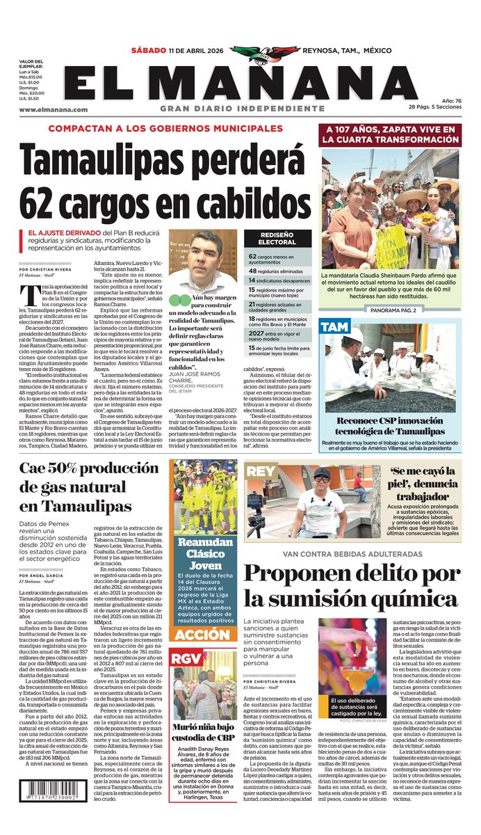 elmananareynosa's tweet image. ⏰ ¡Buenos días! 🌞

Hoy Sábado 11 de Abril 2026 ésta es la portada de nuestra edición impresa.

🌎 Manténgase al tanto de lo que pasa en la #localidad, la #región y el #mundo 🌎