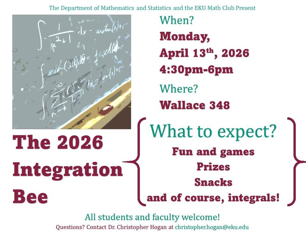 EKUMathStat's tweet photo. Reuploading as a reminder. Stop by! Compete for prizes, or just stop by for fun and snacks. (Integration) Be(e) there! https://t.co/FNJb8ICgzH