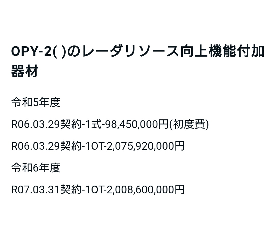 Opy 2 OPY-2( )のレーダリソース向上機能付加器材 ・1式20億とOPY-2の1隻分20億ちょい並みの額なので複数艦分? ・既存艦への改修は ...