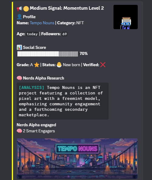 Alphanerds_Sol's tweet photo. @tempo projects gaining momentum 👀

• @TempoTopia  early-stage GameFi project targeting early adopters

• @TempoNouns pixel NFT freemint with community focus + upcoming marketplace

• @Tempfitrades trading-focused project around trends &amp; market plays https://t.co/SEUOS1KN2p