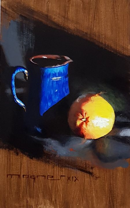 ManfredReuven's tweet photo. Art of the Day! "Blue Milk Jug And Orange". Buy at: https://t.co/3bTZUhAGJM https://t.co/a83CmubYYT