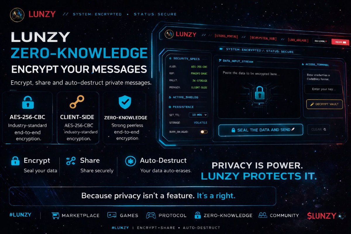 Privacy isn’t a feature. It’s a right.
Encrypt. Share. Auto-destruct.
No access. No visibility. Only you.

Explore: lunzy.org/Zero-Knowledge