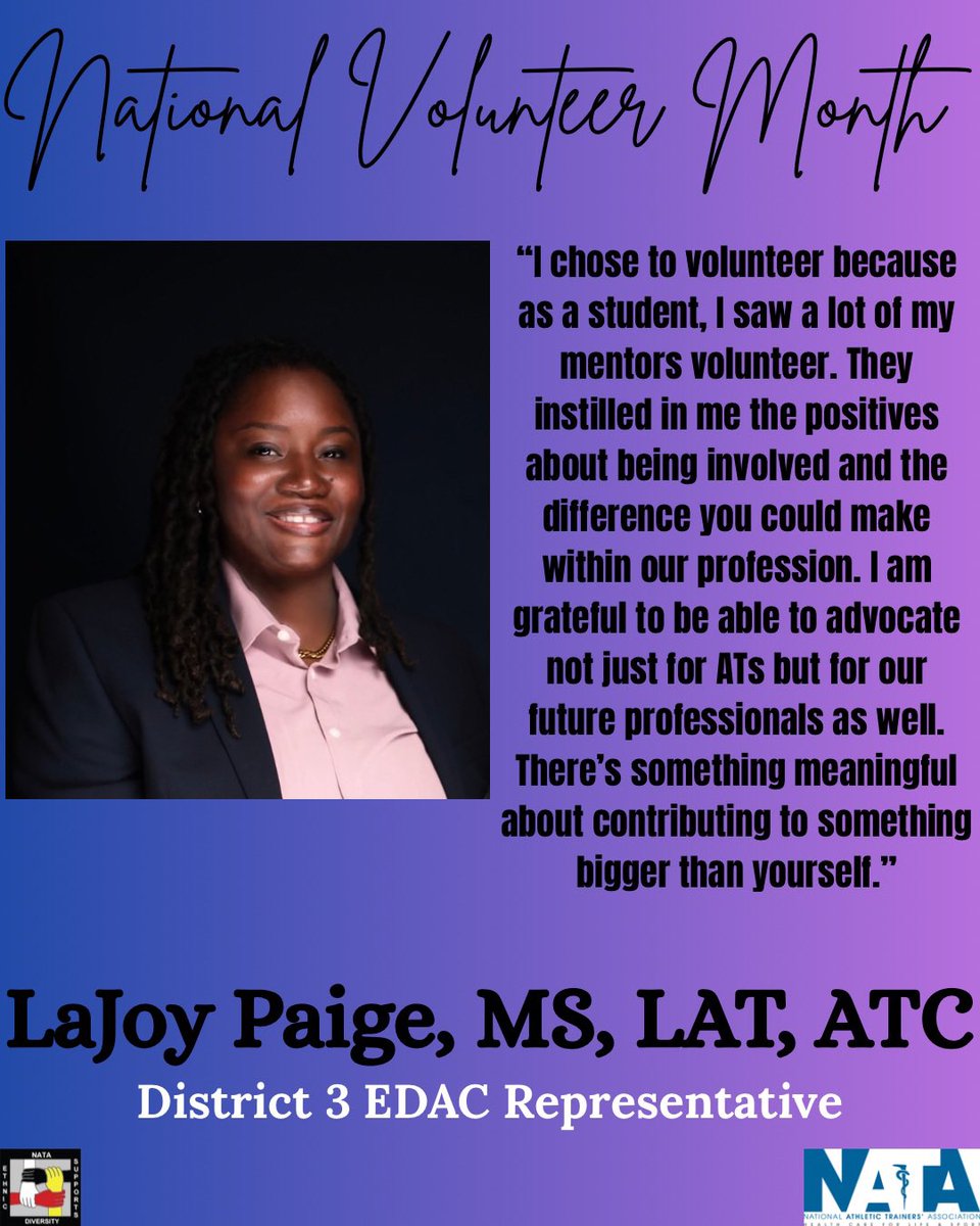 EDACNATA's tweet image. In honor of National Volunteer Month, we asked our committee why they chose to volunteer their time to NATA. #EDAC365 #EDAC4ALL #RepresentationMatters #DiversityMatters