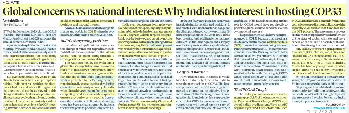 imRavikantYadav's tweet image. Global concerns vs National interest: Why India lost interest in hosting COP33

:Explained by Sh Amitabh Sinha

#India #COP33
#ClimateChange #NDCs #ParisAgreement 
#Mitigation #Development #EmissionIntensity #NonFossilFuels #RenewableEnergy
#CarbonSink #Forests 

#UPSC

Source:IE