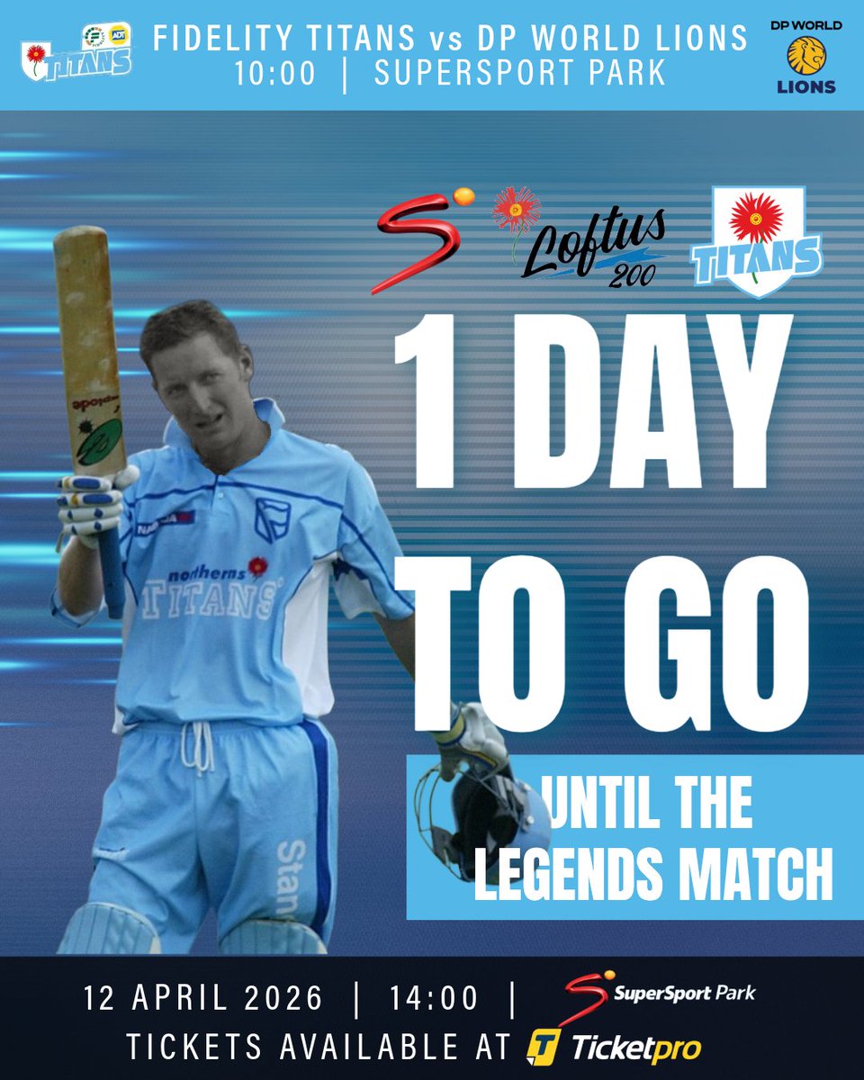 Titans_Cricket's tweet image. 1 DAY TO GO. 🚨🏉

Tomorrow is the day!

The Bulls Legends vs Titans Legends T20 clash kicks off and you want to be there to witness history.

Last chance to grab your seats, tickets available on Ticketpro now!

🎟️:tinyurl.com/ytx7cbs2

#LegendsMatch #WhereLegendsRise #USN