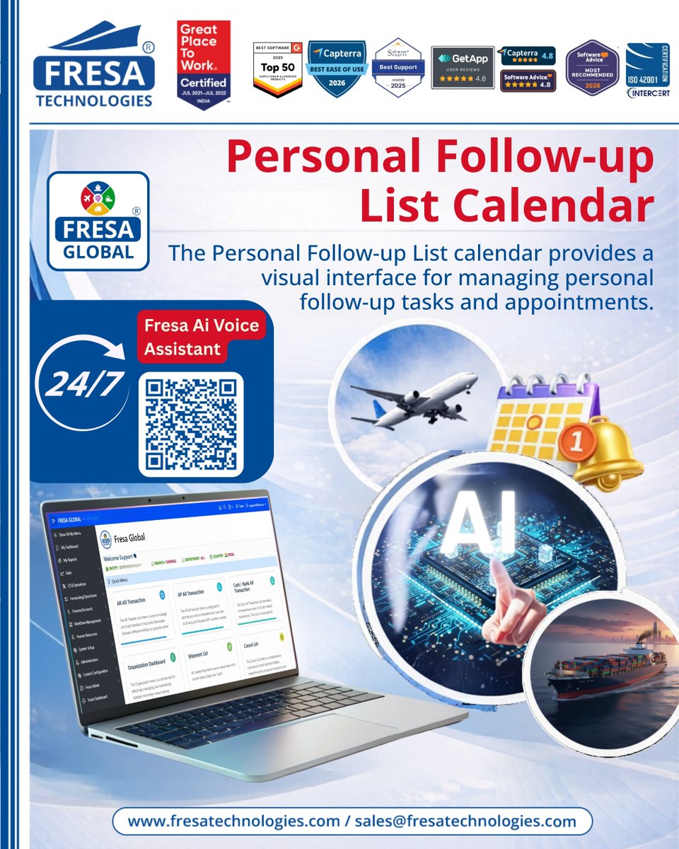 fresatechnology's tweet image. Personal Follow-up List Calendar

🚀 Future of Freight Intelligence with Fresa Gold Voice Support!
chatgpt.com/g/g-69d0f9be4d…

📧 For inquiries: sales@fresatechnologies.com
📲  +91 93449 12004

#CarrierTracking #FresaGlobal #FreightForwarding #LogisticsSoftware #RealTimeTracking