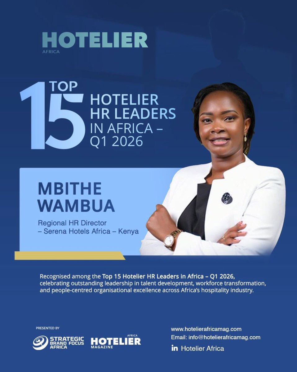 serenahotels's tweet photo. We are proud to Celebrate @MbitheG Mbithe Wambua, our Regional Human Resources Director – Serena Hotels Africa, on her recognition among the Top 15 Hotelier HR Leaders in Africa – Q1 2026 by Hotelier Africa.
Congratulations on this well-deserved recognition.
#SerenaHotels https://t.co/K14WH7doeG