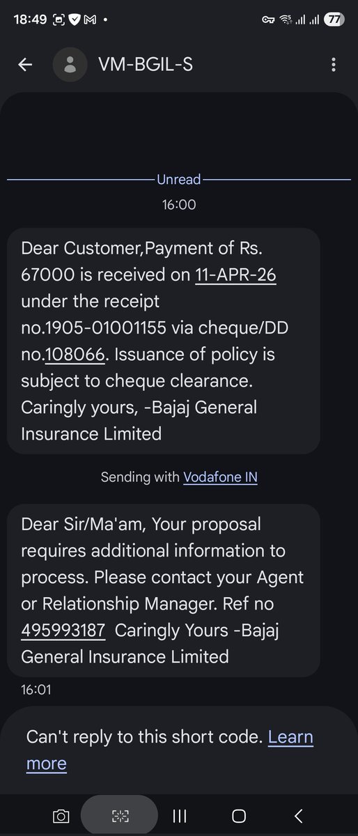 asjatu's tweet photo. Dear @bajajgeneral who is this person and why i am receiving this messages... I don't have any policy with you nor i have applied for the same... Kindly contact the right person and remove my number from this... Thanks https://t.co/MIT4fCYmCh