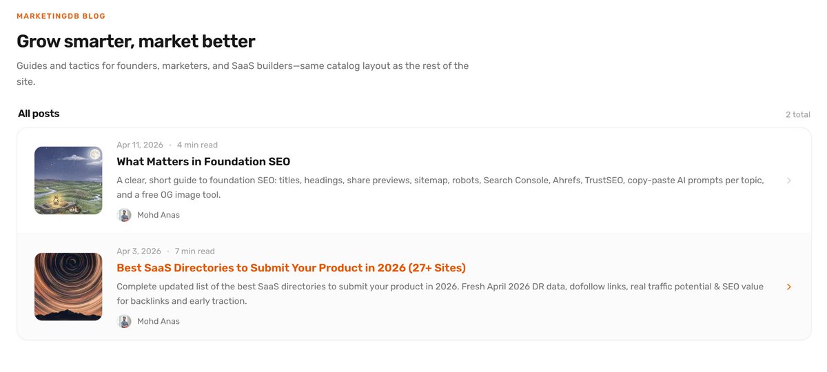 mdanassaif's tweet image. Grow smarter, market better

I write something helpful about SEO and Marketing

1) What Matters in Foundation SEO
marketingdb.live/blog/foundatio…

2) Best SaaS Directories to Submit Your Product in 2026 (27+ Sites)
marketingdb.live/blog/best-saas…