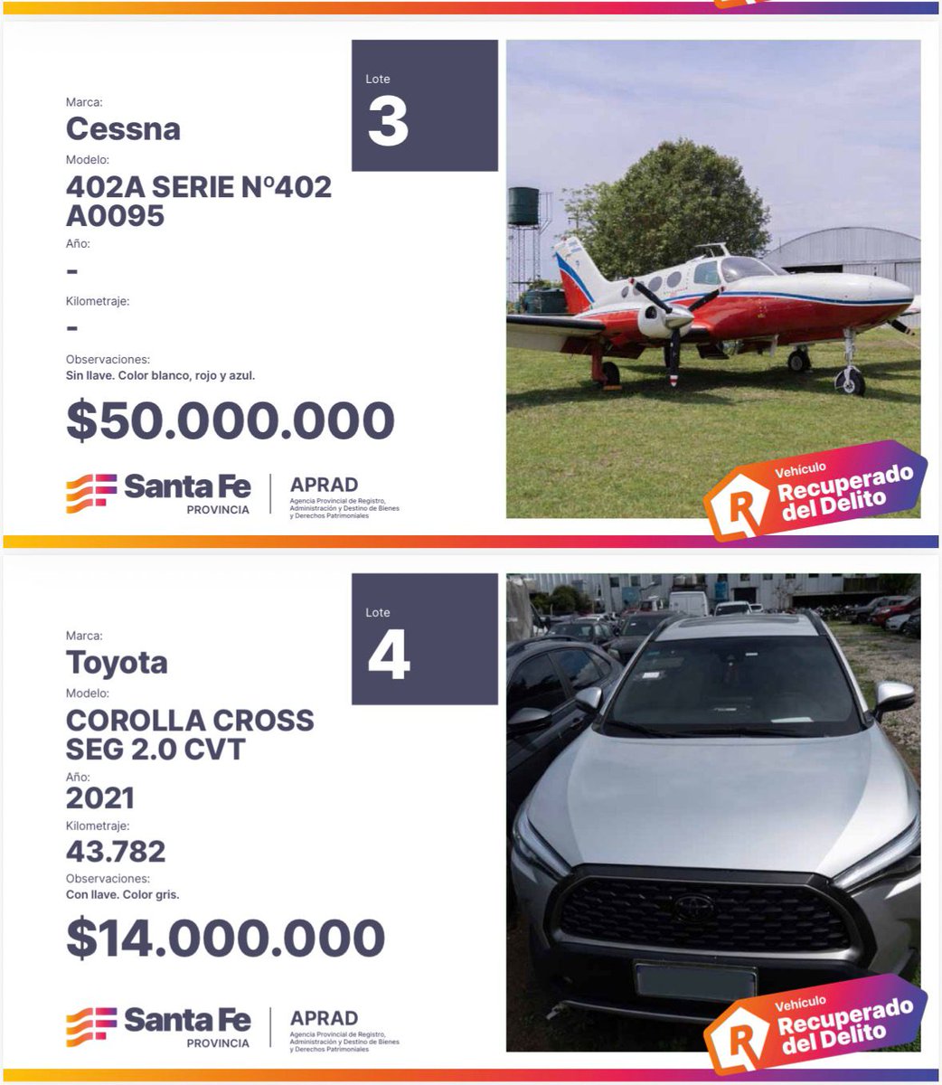 24conurbano's tweet image. #SantaFe UN AVIÓN DE 50 MILLONES, AUTOS DE ALTA GAMA Y MOTOS CONFISCADAS A BANDAS NARCO: MÁS DE 5400 PERSONAS SE INSCRIBIERON A LA SUBASTA PROVINCIAL DE BIENES INCAUTADOS AL DELITO 

La Agencia Provincial de Registro, Administración y Destino de Bienes y Derechos Patrimoniales