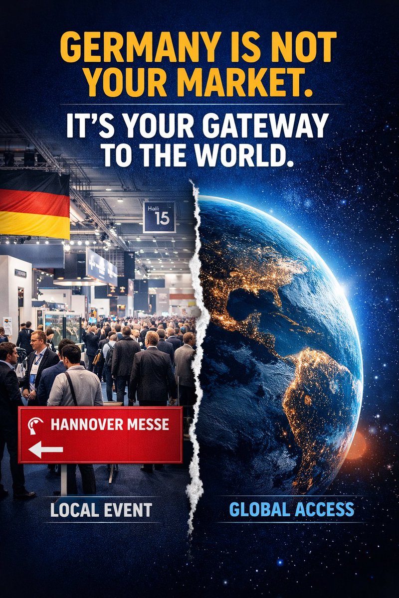 Bhowco's tweet photo. Most companies exhibit in Germany for the wrong reason.
They think: "Enter the German market."
Wrong.

Hannover Messe isn't local. It's a global access point.

Ask yourself:
Did your visibility grow globally after the fair — or disappear?

Germany ≠ opportunity. Access is. https://t.co/AIafrLgOKJ