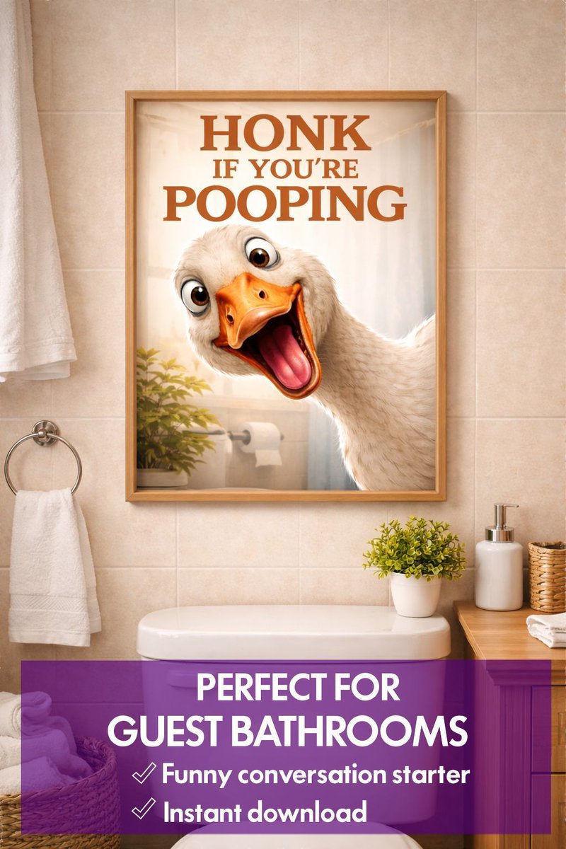 BJDesignsX's tweet image. Quirky Bathroom Wall Art Printable – Funny Goose Bathroom Sign 

This will 100% get a laugh from your guests. 
bjdesignsx.etsy.com/uk/listing/446… 

#wallartdecor
#printablewallart
#homedecorideas
#gallerywall
#moderninteriors
#digitalartprint
#homedecor