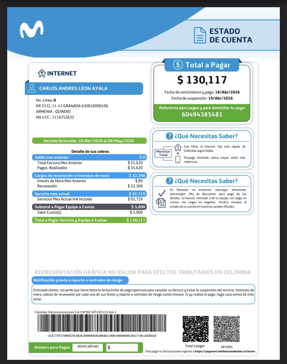Hasta cuando <a href="/MovistarCo/">Movistar Colombia</a> <a href="/sicsuper/">Superintendencia de Industria y Comercio 🇨🇴</a> no solo cobrando 32.000 de reconexion si no haciendo cuentas alegres, en las matemáticas de los ladrones de Movistar 92.000 + 5.000 son 130.000. INCREÍBLE el atropello al usuario en este país.