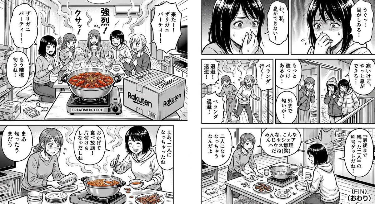g705this's tweet photo. ちなみになんでそんなオーダーしたかというと、飯田ぽち。先生が、学生時代に仲間で食用ザリガニで鍋パした話をどうにか漫画で見たかったから。

絵心も、AI知識もない自分ではとりあえずここが限界。
でも文字情報からこんなん出してくれるって技術の進歩ってすごい。 https://t.co/JkfOSXHXzr
