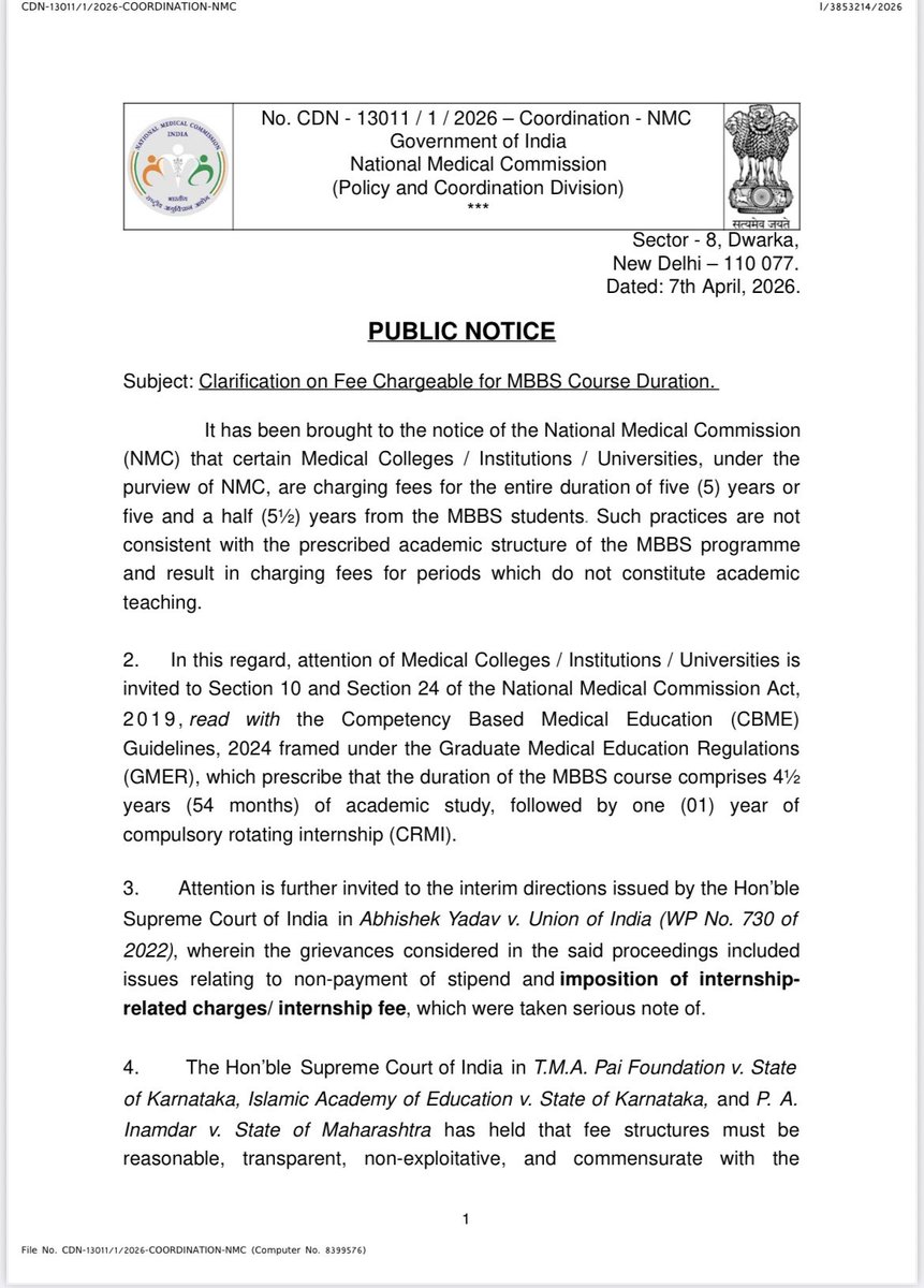 devaralarakesh's tweet photo. Big win for MBBS students 
Due to my complaint National Medical Commission (7 Apr 2026) says colleges can charge fees only for 4.5 years, not 5 Years Strong action against exploitation.
@kanhaiyakumar @revanth_anumula @SachinPilot @narendramodi @AICCMedia @INCIndia 
#MBBS #NMC https://t.co/bPZfQA1li8