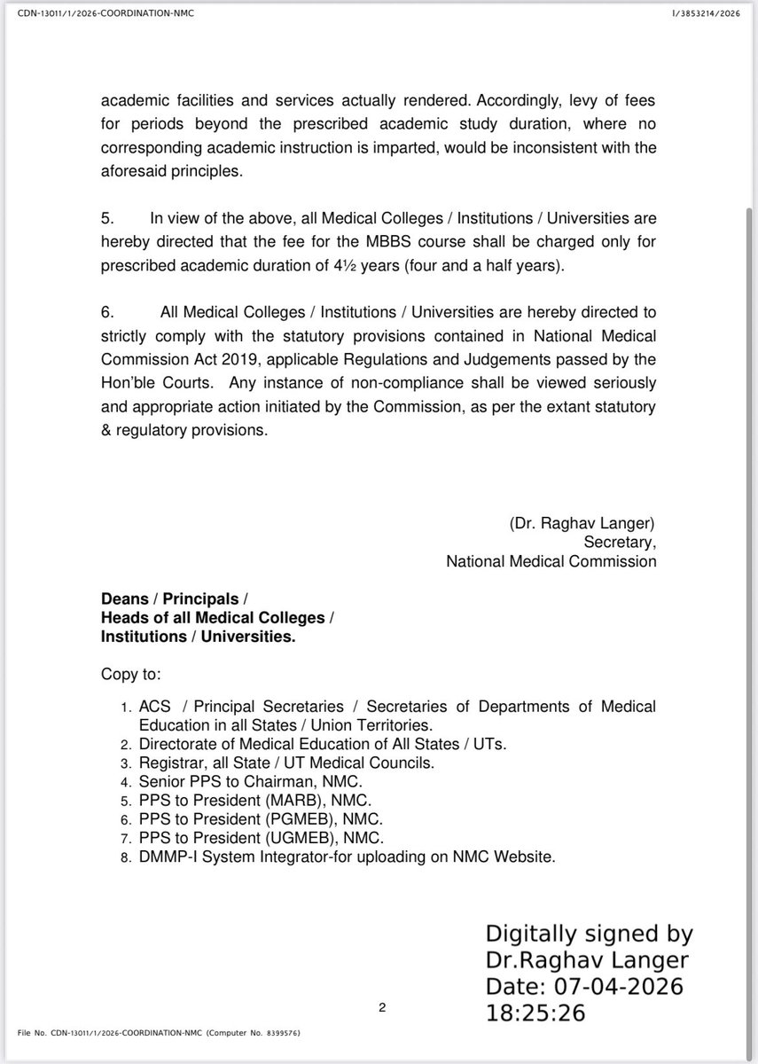 devaralarakesh's tweet photo. Big win for MBBS students 
Due to my complaint National Medical Commission (7 Apr 2026) says colleges can charge fees only for 4.5 years, not 5 Years Strong action against exploitation.
@kanhaiyakumar @revanth_anumula @SachinPilot @narendramodi @AICCMedia @INCIndia 
#MBBS #NMC https://t.co/bPZfQA1li8