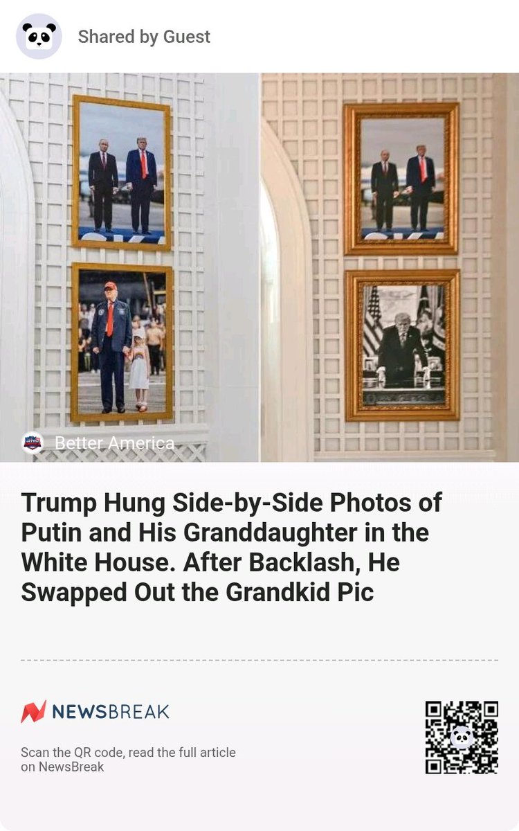 ALLREDToDoRoJo's tweet image. Trump Hung Side-by-Side Photos of Putin and His Granddaughter in the White House. After Backlash, He Swapped Out the Grandkid Pic #WhiteHouse #DonaldTrump #VladimirPutin
share.newsbreak.com/i2xpq75o