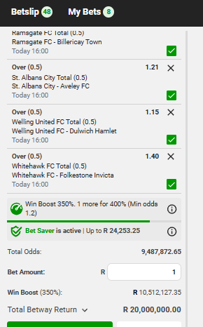 ThaboMakgobi's tweet image. Let’s chase that R20 Million 💰🔥

🚨 16:00 #PowerHour — KICK OFF IN 27 MINUTES

⚽ Team Total Goals — Over 0.5 Goals

🎟️ BW4D3A88AC — 48 Legs — 9M Odds 💣
🎟️ BW4D3AEA50 — 16 Legs — 100 Odds
🎟️ BW4D3B117D — 14 Legs — 800 Odds 🔥
🎟️ BW4D3B3272 — 18 Legs — 80 Odds