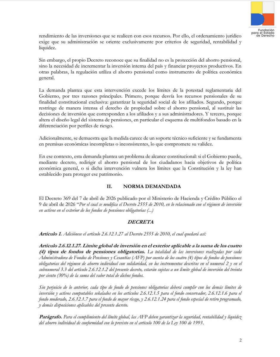Demandamos ante el <a href="/consejodeestado/">Consejo de Estado</a> el Decreto 369 de 2026 expedido por <a href="/MinHacienda/">MinHacienda</a>, que limita al 30% las inversiones en el exterior de los fondos de pensiones.

En la acción advertimos, entre otros, que el decreto vulnera la Constitución al desconocer el art. 48 (destinación