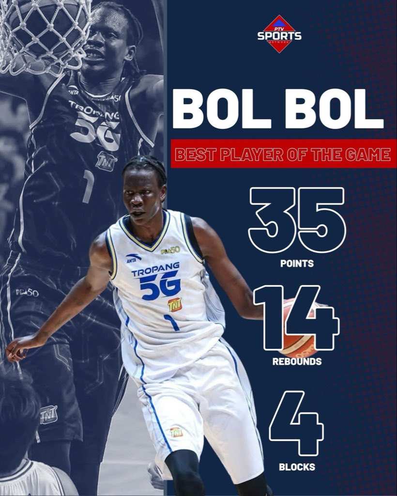 __PTVSports's tweet photo. BOL BOL LEADS THE BALL! 🏀🔥

Tinanghal na best player of the game ang TNT Tropang 5G import na si Bol Bol na may 35 points, 14 rebounds, at 4 blocks sa PBA Season 50 Commissioner's Cup.

#PBA
#PBASeason50CommissionersCup
#PTVSportsNetwork
#ParaSaAtletangPilipino
#ParaSaBayan https://t.co/m9SOWG7300