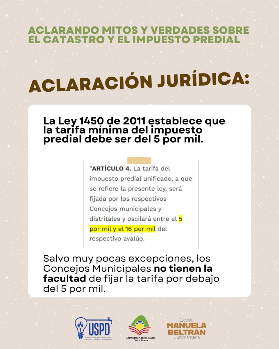 YeilorEspinel's tweet photo. ⚖️ ACLARACIÓN JURÍDICA:
La Ley 1450 de 2011 establece que la tarifa del impuesto predial debe estar entre el 5 por mil y el 16 por mil del avalúo.
Salvo muy pocas excepciones, los Concejos Municipales NO tienen la facultad de fijar la tarifa por debajo del 5 por mil. https://t.co/Pqm4jiscAO