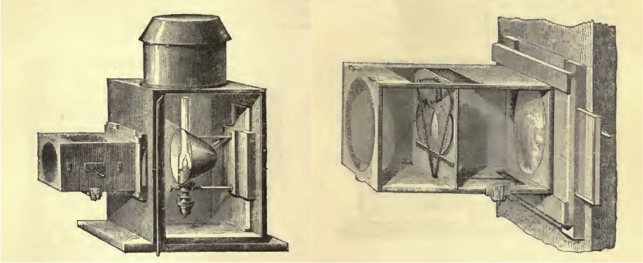 RealPreCinema's tweet image. Left
Fantoscope main box and detail, via 'Wonders of Optics.' The inset shows the slot for inserting slides as well as the adjustable aperture for controlling light intensity.

Right
Illustration of Robertson’s Fantoscope from his ‘Memoires,’ on page 326 of volume one, 1831.