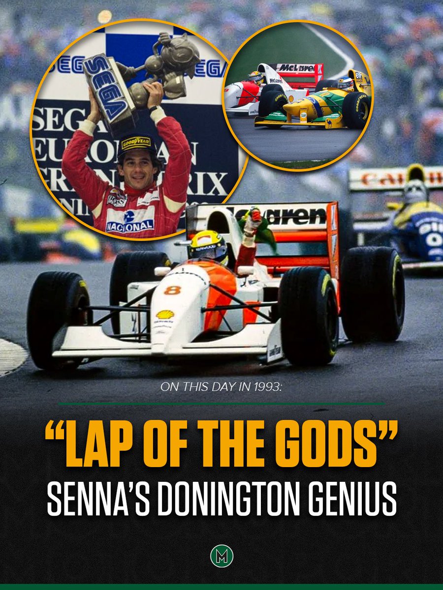 On this day in 1993, Ayrton Senna completed what became known as F1’s “lap of the gods” as he stormed from 5th to 1st on lap one of the European Grand Prix 🏎️📈

Senna started 4th, but dropped to 5th at lights out before going on to overtake Michael Schumacher, Karl Wendlinger,