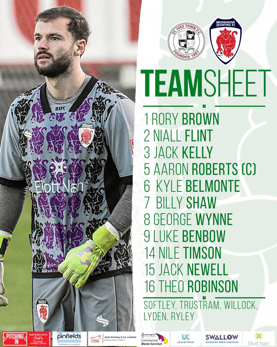 SportingFC's tweet photo. 🔢 LINE-UP: Here's how we look for today's league game...

👊 Luke Benbow and Theo Robinson lead the line

💚 Luke Softley is on the bench as a precaution after picking up a knock against Halesowen 

#STIBRO https://t.co/srZEDkfV80