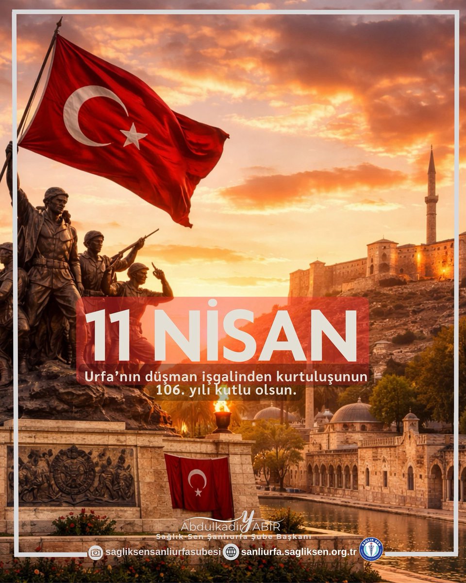 Şanlı direnişin, eşsiz mücadelenin ve bağımsızlık ruhunun simgesi olan bu anlamlı günde;
Urfa’nın düşman işgalinden kurtuluşunun 106. yılı kutlu olsun

Bu toprakları vatan yapan kahramanlarımızı saygı, minnet ve rahmetle anıyoruz. <a href="/abdulkadiryabir/">abdulkadir yabir</a> <a href="/SSMahmutFaruk/">Mahmut Faruk DOĞAN</a> <a href="/yasinbarutcu02/">Yasin Barutcu</a>