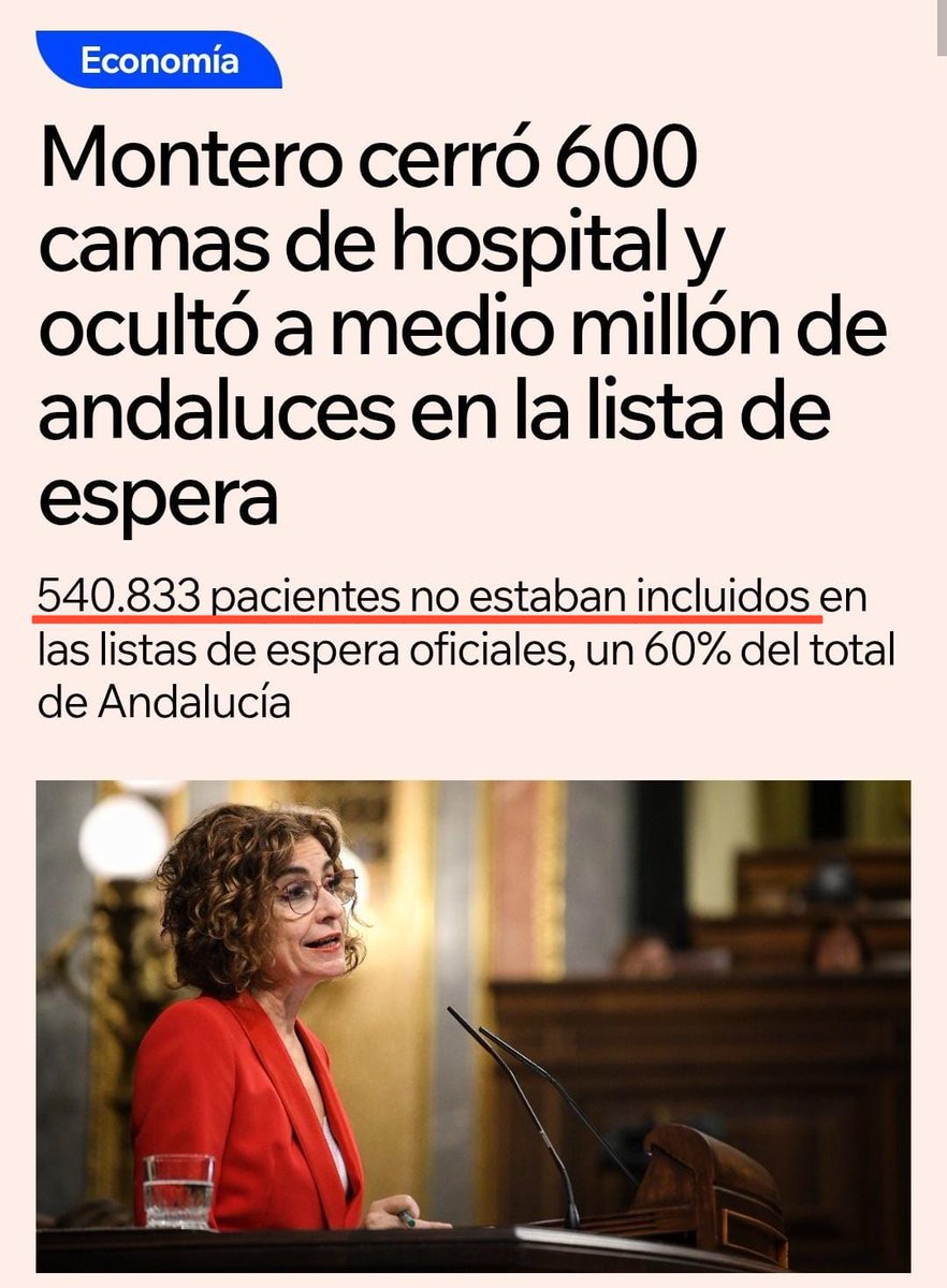 <a href="/mjmonteroc/">María Jesús Montero</a> <a href="/psoedeandalucia/">PSOE de Andalucía</a> <a href="/PSOE/">PSOE</a> Así es como se acaba con las listas de espera, un "fallo técnico" y ZAS...desaparecen 500.000 usuarios del SAS  de un plumazo 
Hablo con conocimiento de causa, yo fui uno de ellos.
Usted, MENTIROSA, lo hizo y estoy seguro que lo hará de nuevo.
Será usted una LACRA para Andalucía.